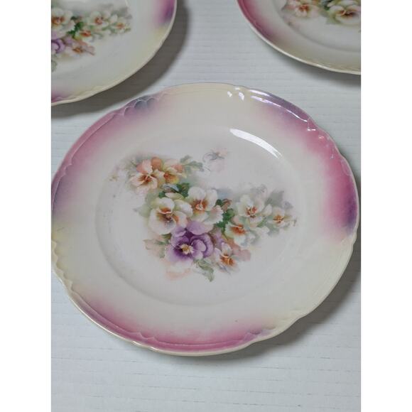 Antique German Lusterware Plates Floral Pansy Set of 3 Pink Iridescent Trim - Picture 2 of 9